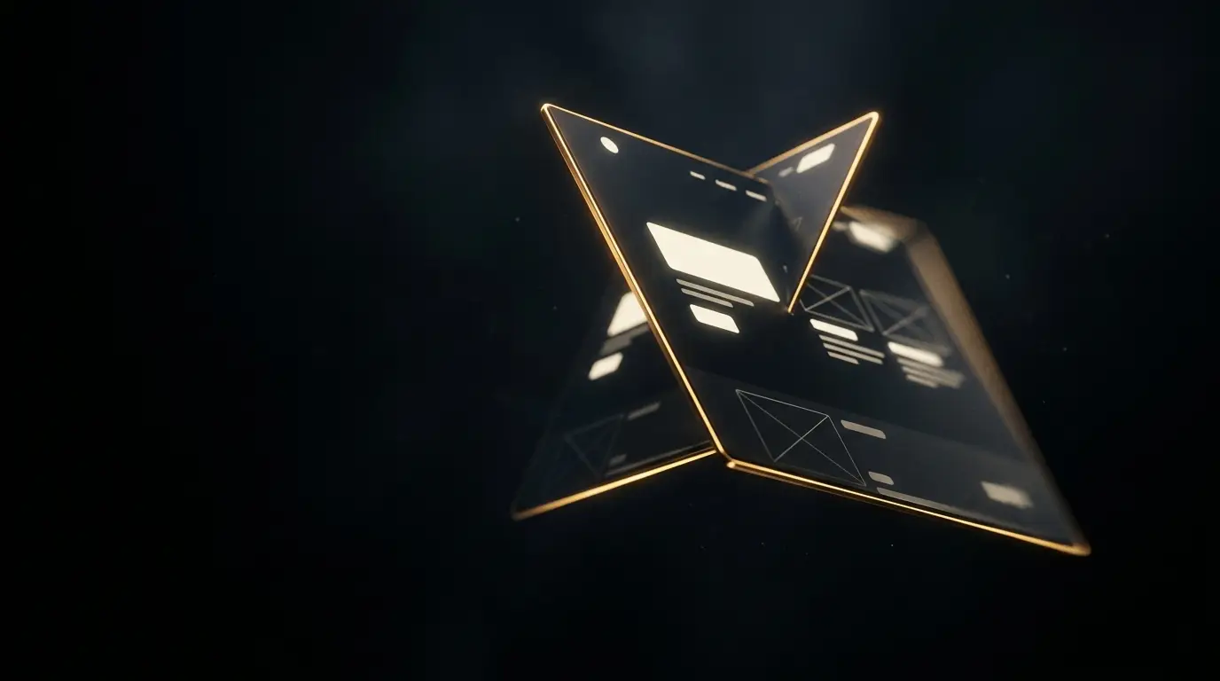 A website interface panel frozen mid 3D flip, edged with golden light