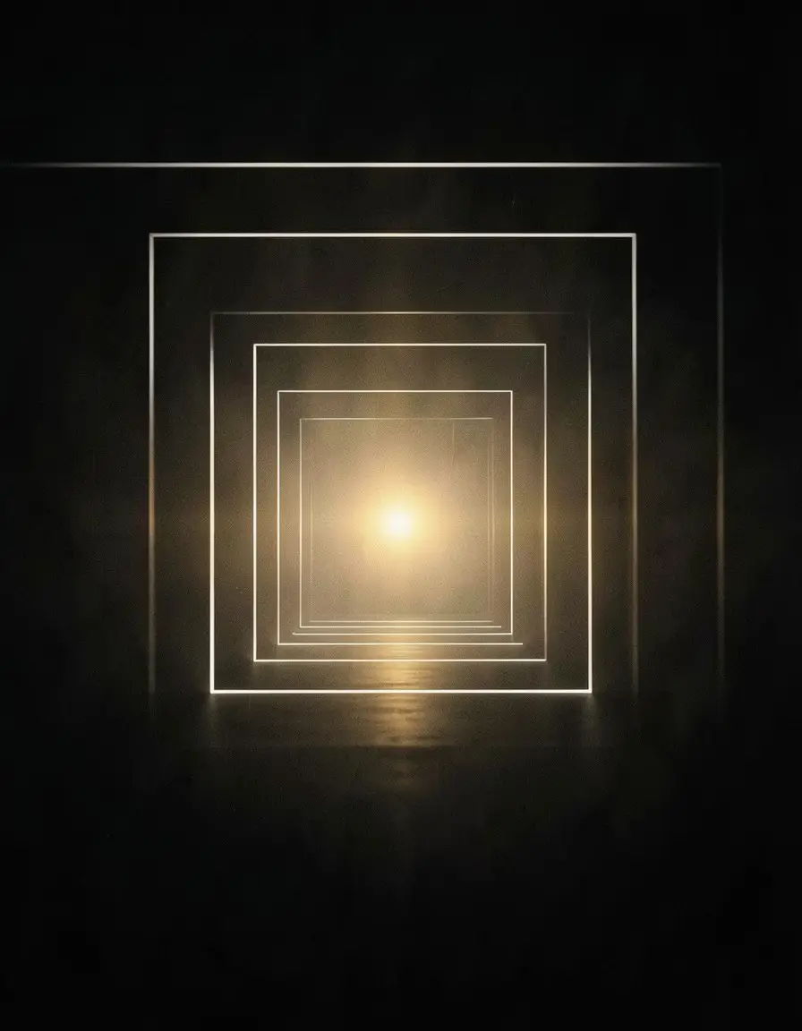 A tunnel of glowing website frames zooming into golden light