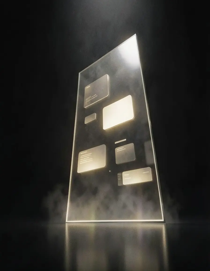 A monolithic glass panel rising from a dark reflective floor