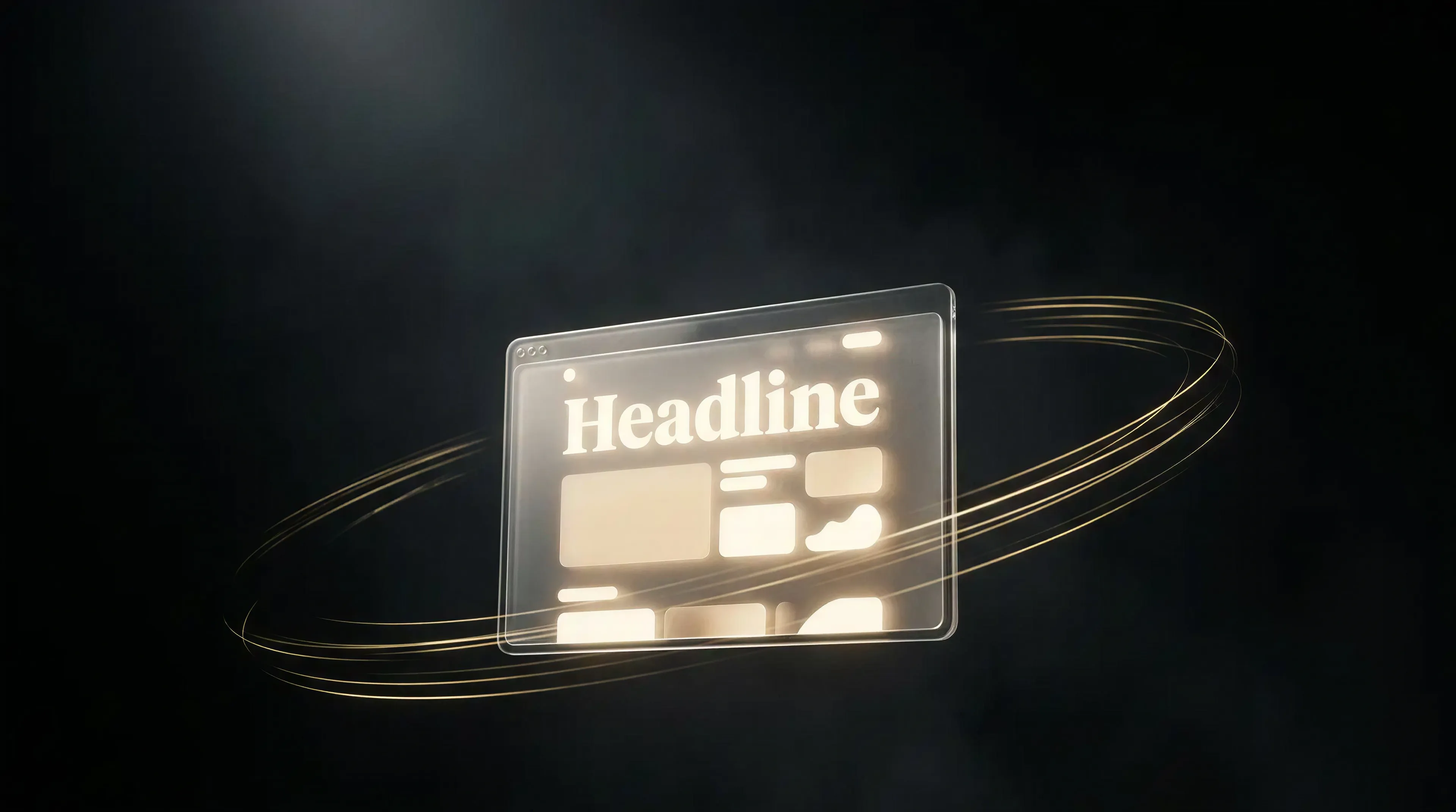A glowing glass browser window floating in a dark cinematic void with sweeping golden light trails